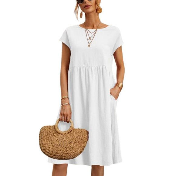 La Mode White Pocket Crewneck Short-Sleeve Empire-Waist Dress Size XXL - Picture 1 of 1